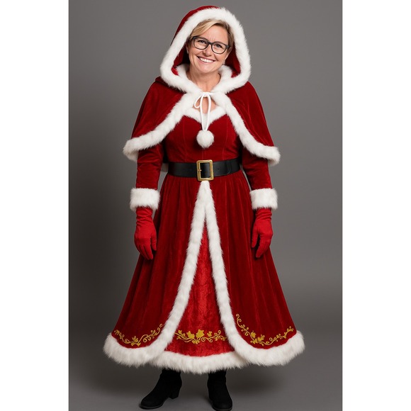 FancyFun Accessories - Mrs Santa Claus Velvet Costume Christmas Womens 4XL Hooded Belt Gloves New